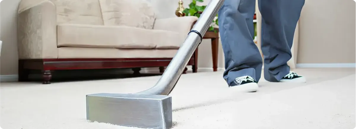 Carpet cleaning technician using a hot-water extraction wand on a light-colored carpet in a living room, Chula Vista, CA.